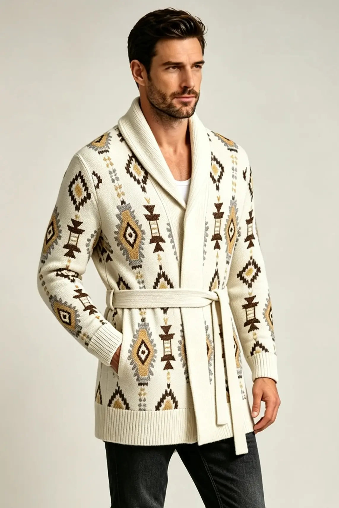 Men’s Retro Geometric Jacquard Shawl Collar Belted Cardigan