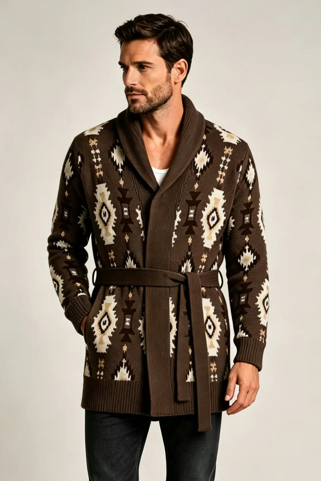 Men’s Retro Geometric Jacquard Shawl Collar Belted Cardigan