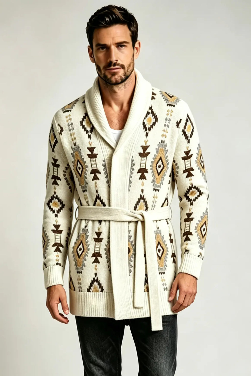 Men’s Retro Geometric Jacquard Shawl Collar Belted Cardigan
