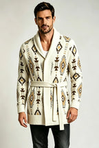 Men’s Retro Geometric Jacquard Shawl Collar Belted Cardigan