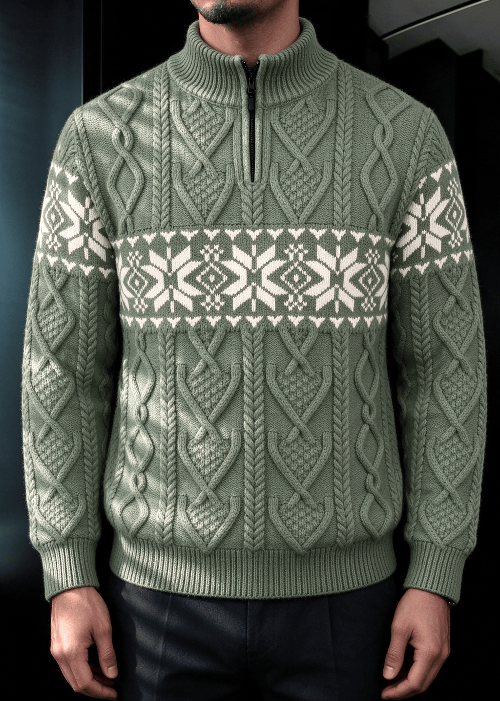 Men’s Nordic Cable-Knit Quarter-Zip Sweater – Fair Isle Jacquard Stand Collar Pullover