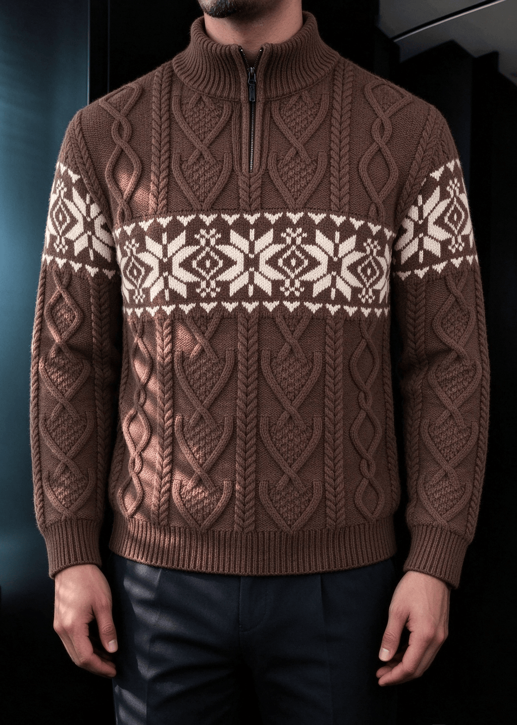 Men’s Nordic Cable-Knit Quarter-Zip Sweater – Fair Isle Jacquard Stand Collar Pullover