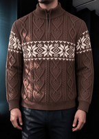 Men’s Nordic Cable-Knit Quarter-Zip Sweater – Fair Isle Jacquard Stand Collar Pullover