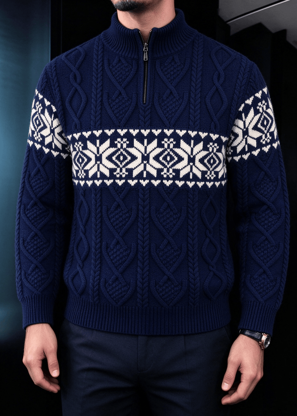 Men’s Nordic Cable-Knit Quarter-Zip Sweater – Fair Isle Jacquard Stand Collar Pullover