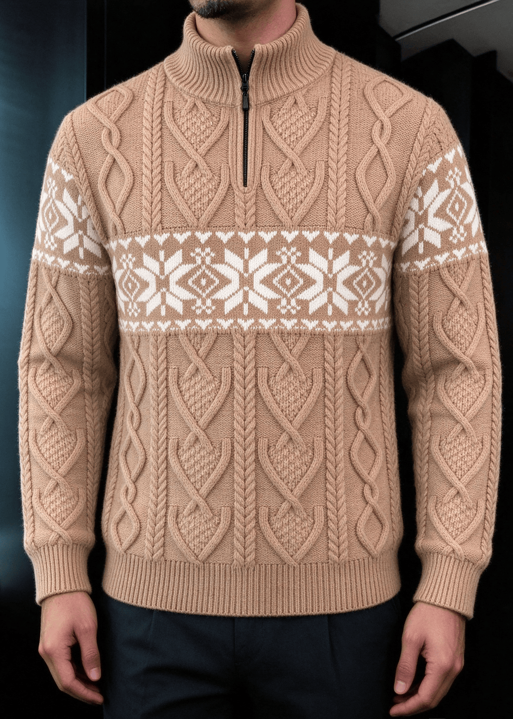 Men’s Nordic Cable-Knit Quarter-Zip Sweater – Fair Isle Jacquard Stand Collar Pullover