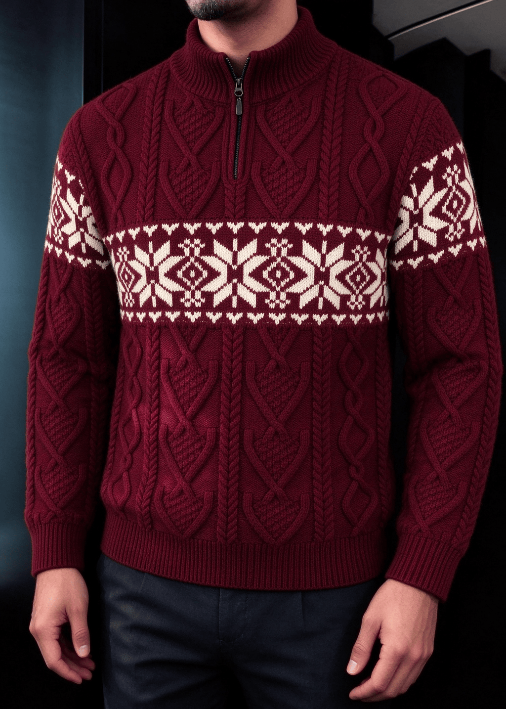 Men’s Nordic Cable-Knit Quarter-Zip Sweater – Fair Isle Jacquard Stand Collar Pullover