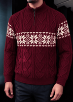 Men’s Nordic Cable-Knit Quarter-Zip Sweater – Fair Isle Jacquard Stand Collar Pullover