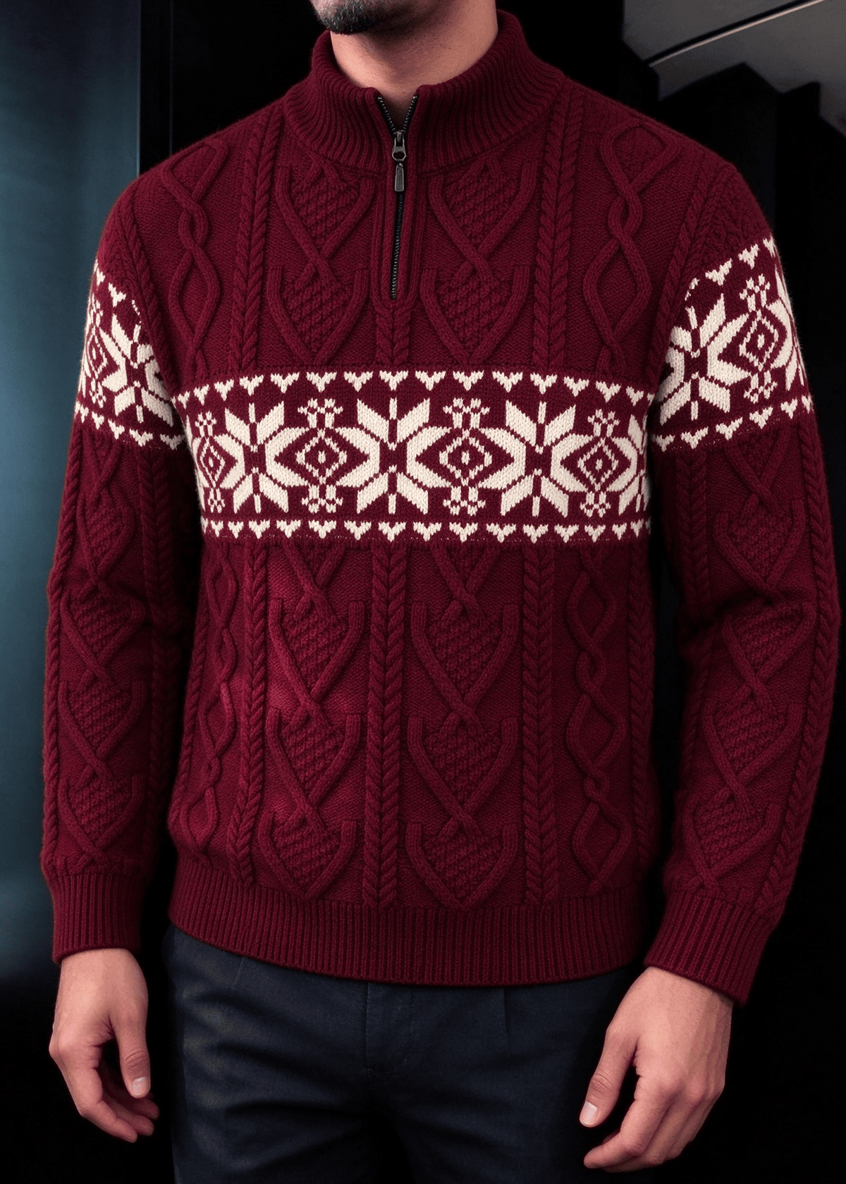 Men’s Nordic Cable-Knit Quarter-Zip Sweater – Fair Isle Jacquard Stand Collar Pullover