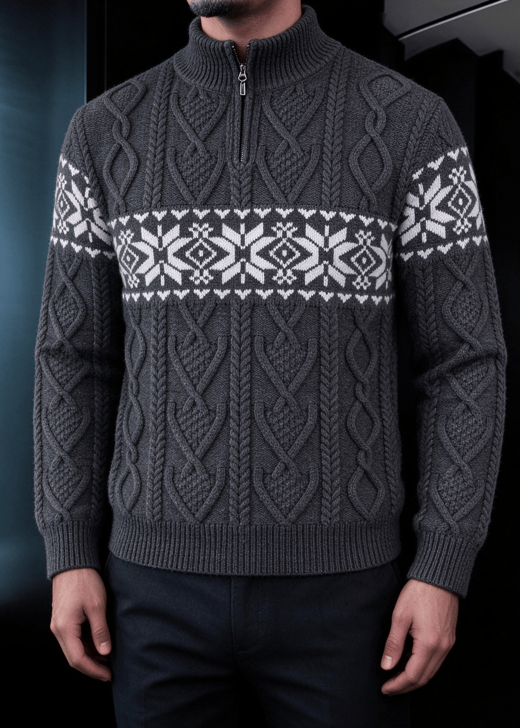 Men’s Nordic Cable-Knit Quarter-Zip Sweater – Fair Isle Jacquard Stand Collar Pullover