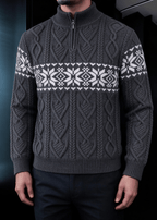Men’s Nordic Cable-Knit Quarter-Zip Sweater – Fair Isle Jacquard Stand Collar Pullover