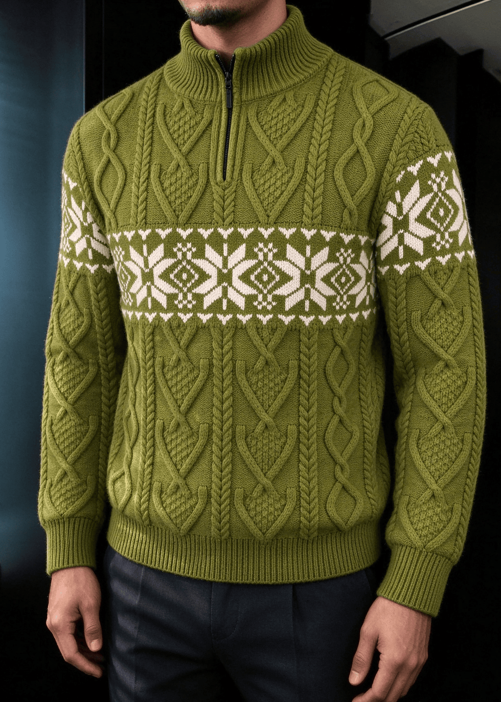 Men’s Nordic Cable-Knit Quarter-Zip Sweater – Fair Isle Jacquard Stand Collar Pullover