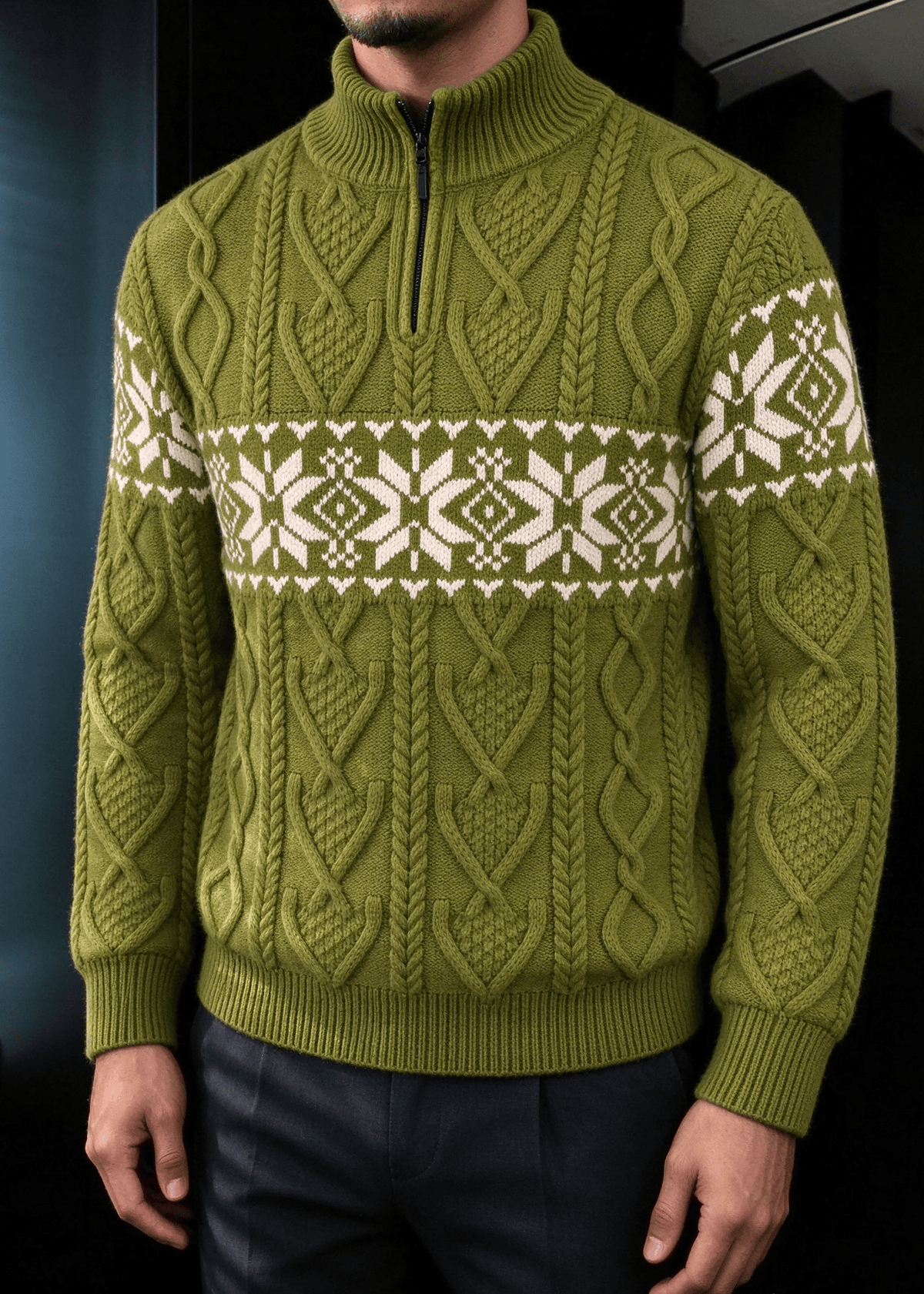 Men’s Nordic Cable-Knit Quarter-Zip Sweater – Fair Isle Jacquard Stand Collar Pullover