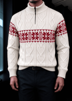 Men’s Nordic Cable-Knit Quarter-Zip Sweater – Fair Isle Jacquard Stand Collar Pullover