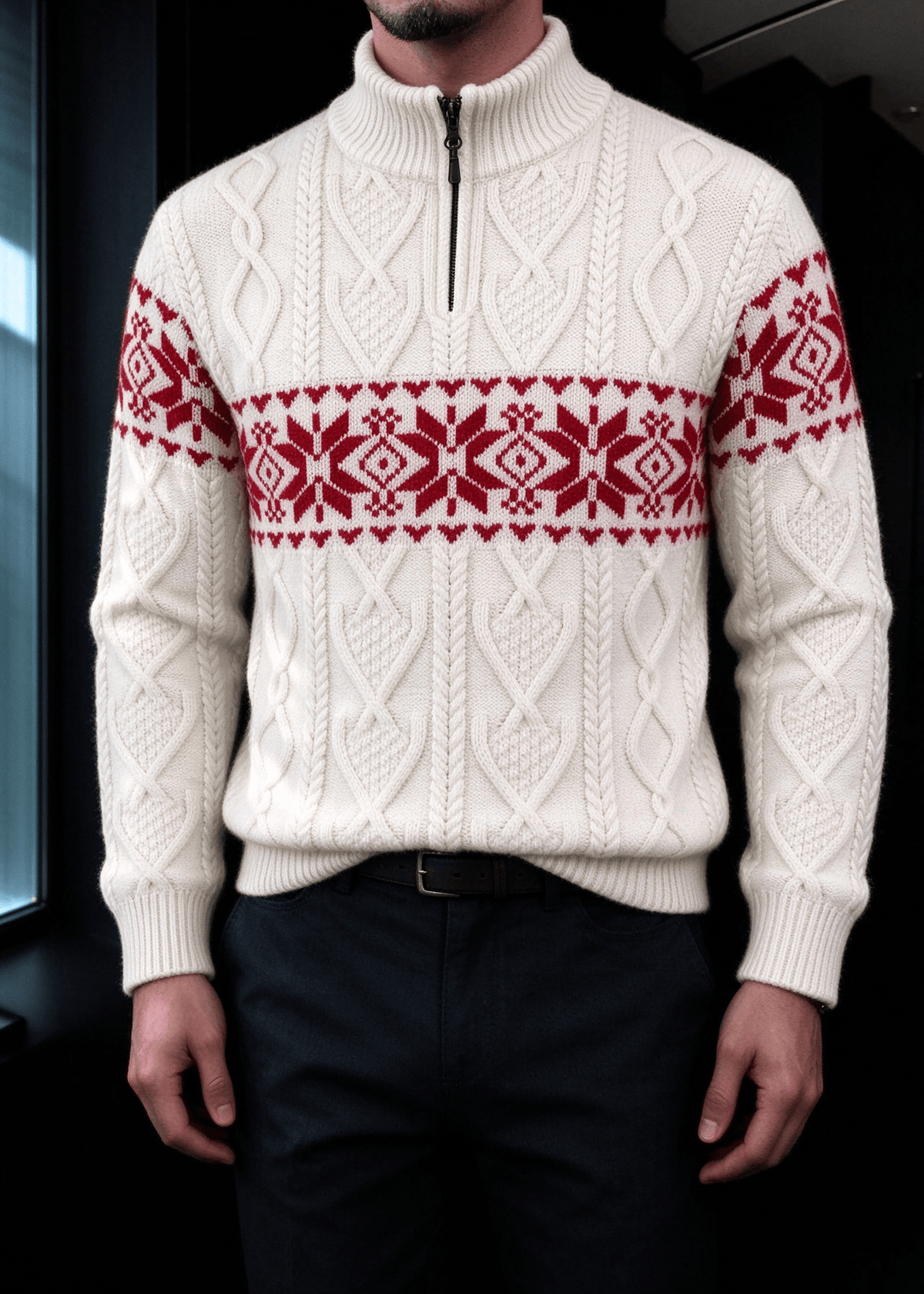 Men’s Nordic Cable-Knit Quarter-Zip Sweater – Fair Isle Jacquard Stand Collar Pullover
