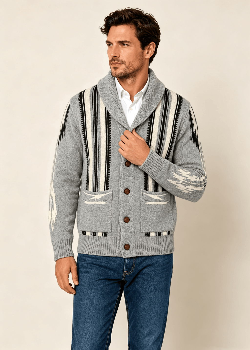 Men's Shawl Collar Striped Jacquard Cardigan – Loose Fit Casual Knit Sweater Jacket