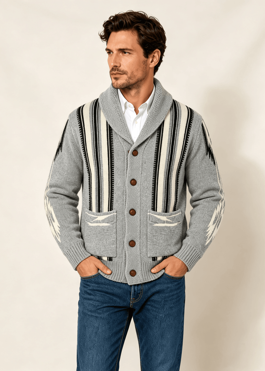 Men's Shawl Collar Striped Jacquard Cardigan – Loose Fit Casual Knit Sweater Jacket