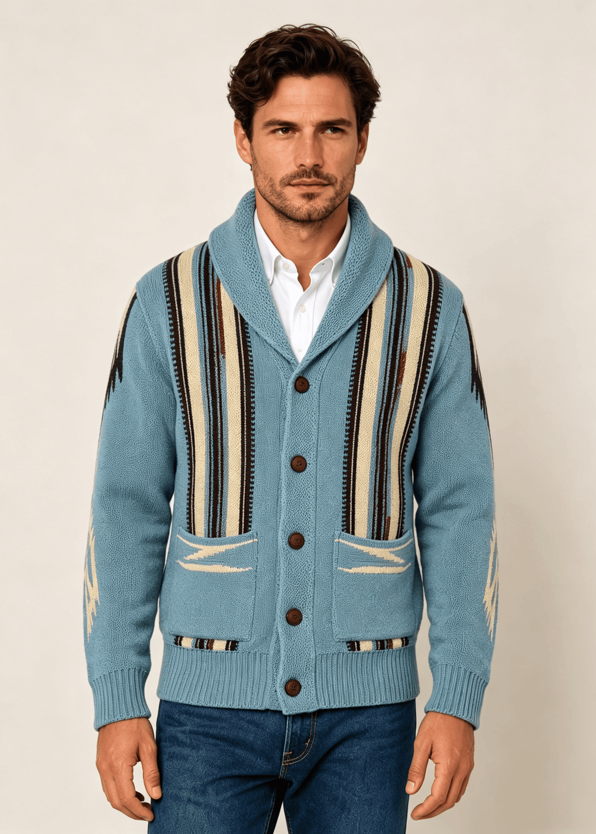 Men's Shawl Collar Striped Jacquard Cardigan – Loose Fit Casual Knit Sweater Jacket