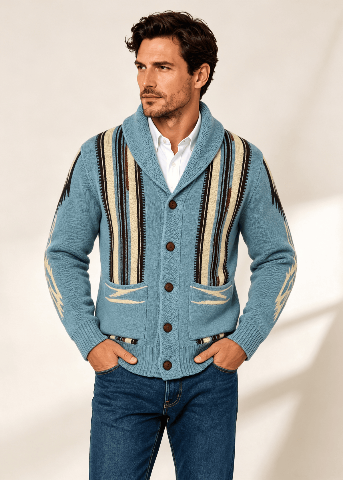 Men's Shawl Collar Striped Jacquard Cardigan – Loose Fit Casual Knit Sweater Jacket