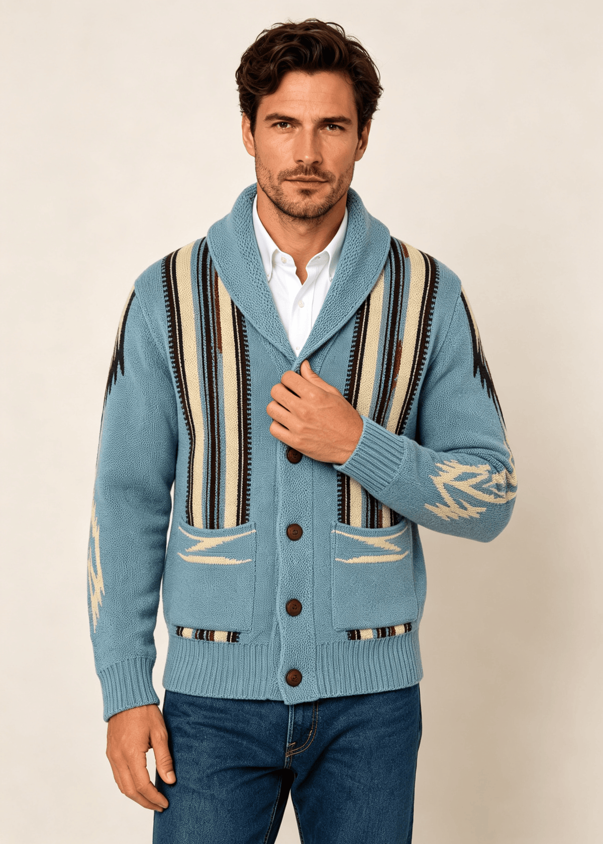 Men's Shawl Collar Striped Jacquard Cardigan – Loose Fit Casual Knit Sweater Jacket