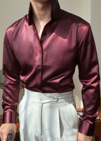 Premium Faux-Leather Texture Stand Collar Shirt - Slim Fit Metallic Gloss Long Sleeve Party & Clubwear Top