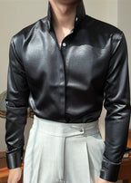 Premium Faux-Leather Texture Stand Collar Shirt - Slim Fit Metallic Gloss Long Sleeve Party & Clubwear Top