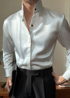 Premium Faux-Leather Texture Stand Collar Shirt - Slim Fit Metallic Gloss Long Sleeve Party & Clubwear Top