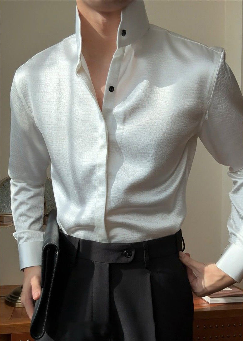 Premium Faux-Leather Texture Stand Collar Shirt - Slim Fit Metallic Gloss Long Sleeve Party & Clubwear Top