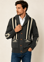 Men's Shawl Collar Striped Jacquard Cardigan – Loose Fit Casual Knit Sweater Jacket