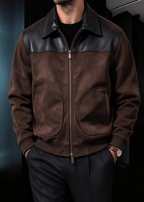 Men's Faux Suede & PU Leather Contrast Color-Block Lapel Jacket