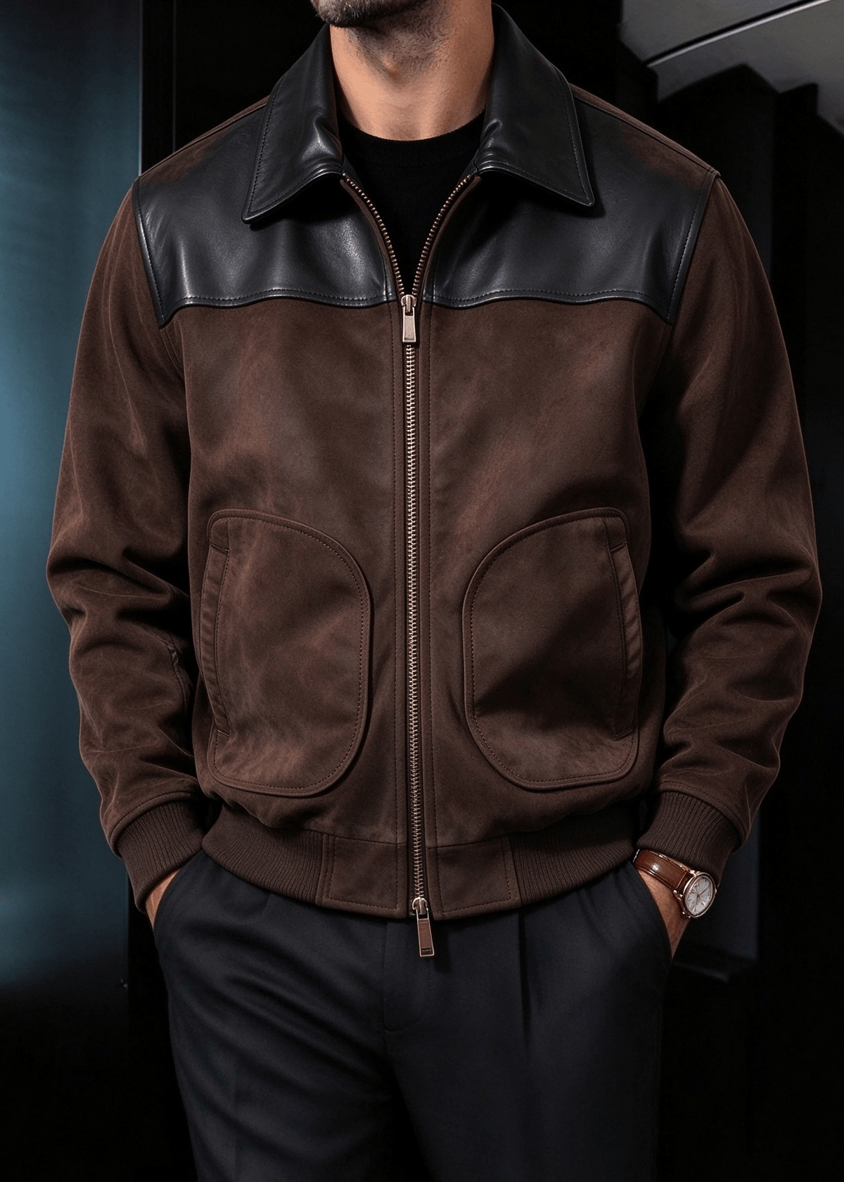 Men's Faux Suede & PU Leather Contrast Color-Block Lapel Jacket