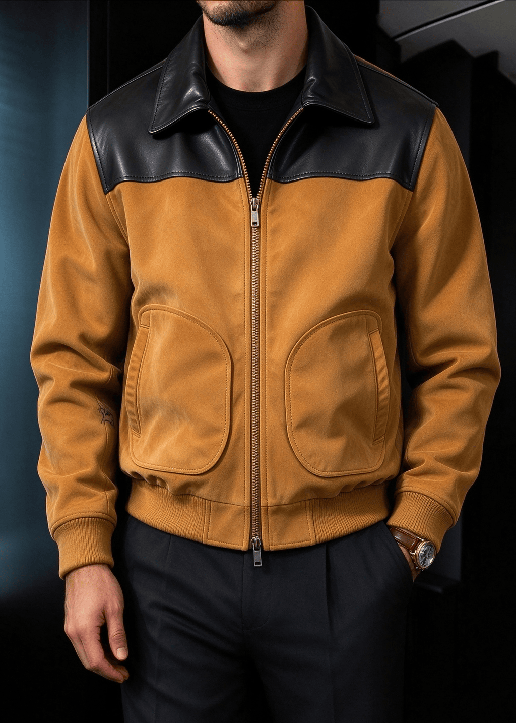 Men's Faux Suede & PU Leather Contrast Color-Block Lapel Jacket
