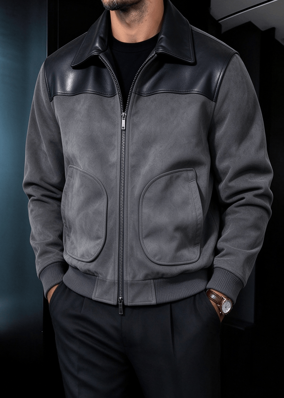 Men's Faux Suede & PU Leather Contrast Color-Block Lapel Jacket