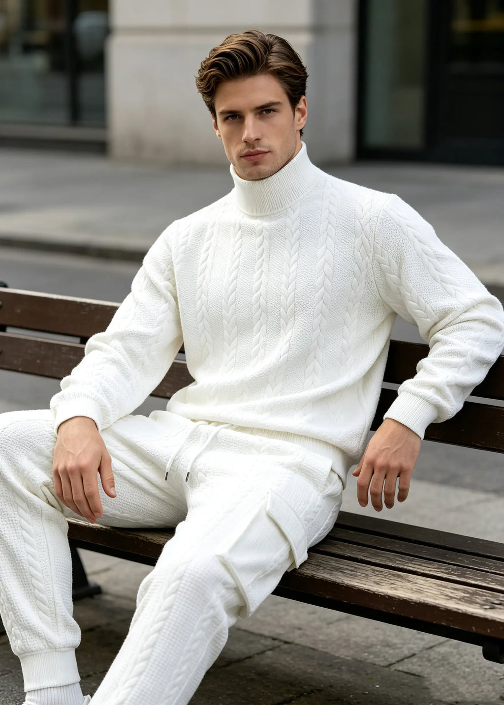 Men's Autumn/Winter Heavyweight Cable-Knit Turtleneck Tracksuit Set