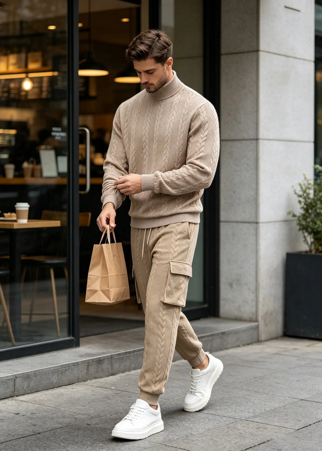 Men's Autumn/Winter Heavyweight Cable-Knit Turtleneck Tracksuit Set