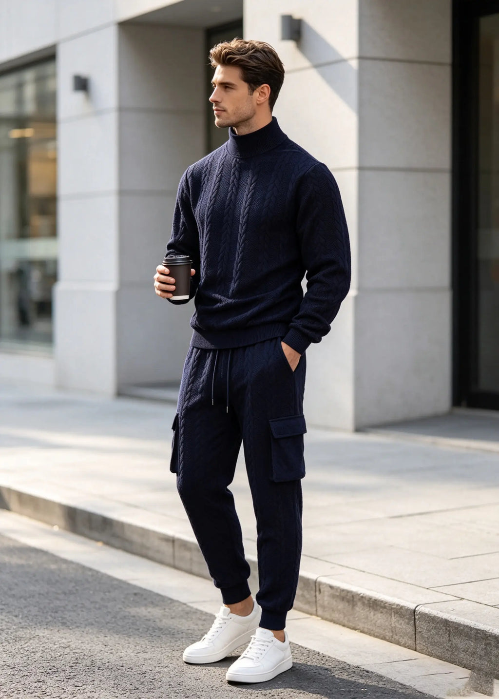 Men's Autumn/Winter Heavyweight Cable-Knit Turtleneck Tracksuit Set