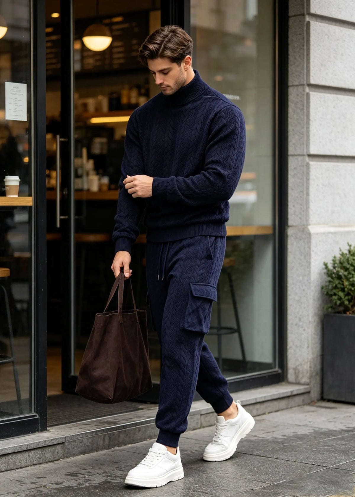 Men's Autumn/Winter Heavyweight Cable-Knit Turtleneck Tracksuit Set