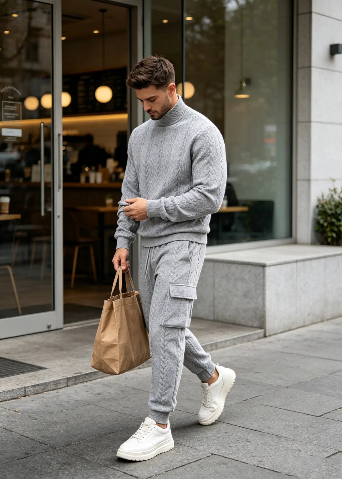 Men's Autumn/Winter Heavyweight Cable-Knit Turtleneck Tracksuit Set