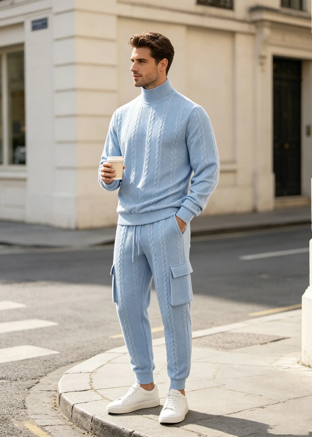 Men's Autumn/Winter Heavyweight Cable-Knit Turtleneck Tracksuit Set