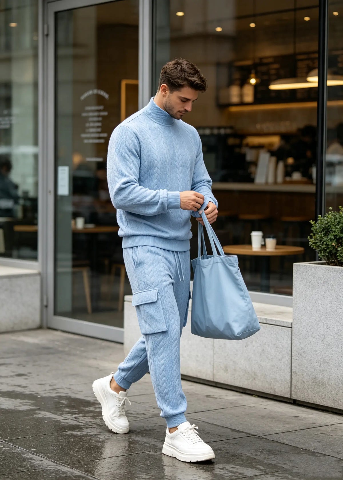 Men's Autumn/Winter Heavyweight Cable-Knit Turtleneck Tracksuit Set