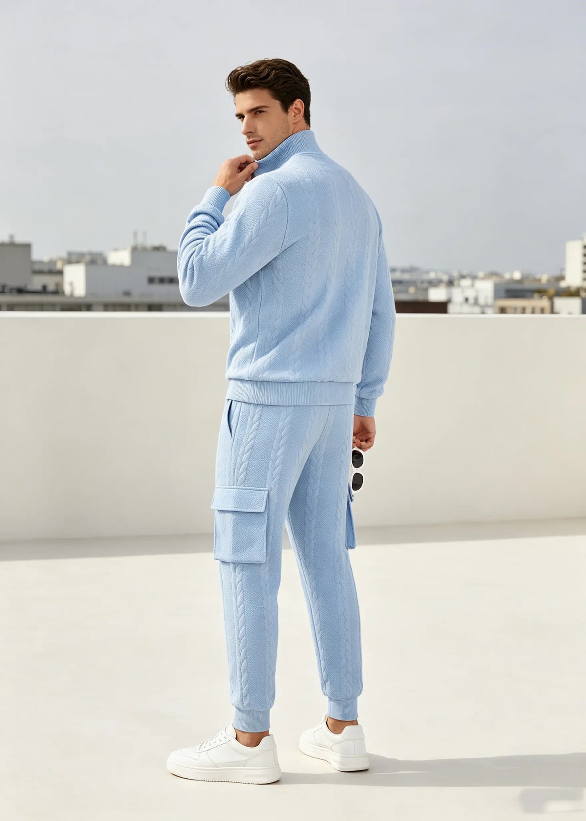 Men's Autumn/Winter Heavyweight Cable-Knit Turtleneck Tracksuit Set