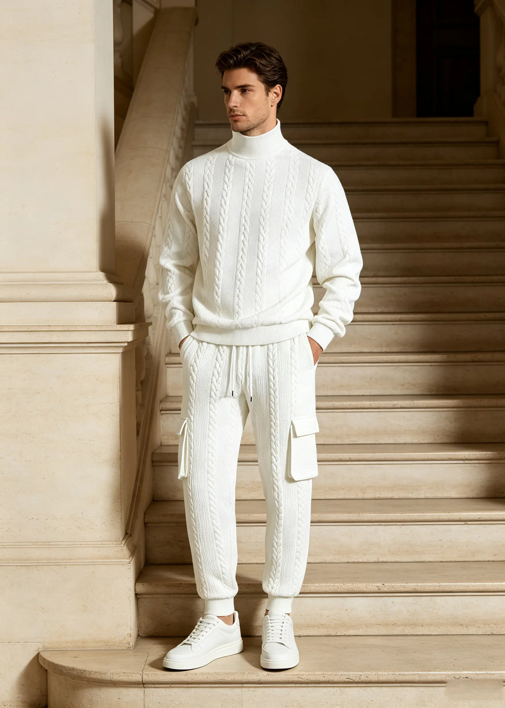 Men's Autumn/Winter Heavyweight Cable-Knit Turtleneck Tracksuit Set
