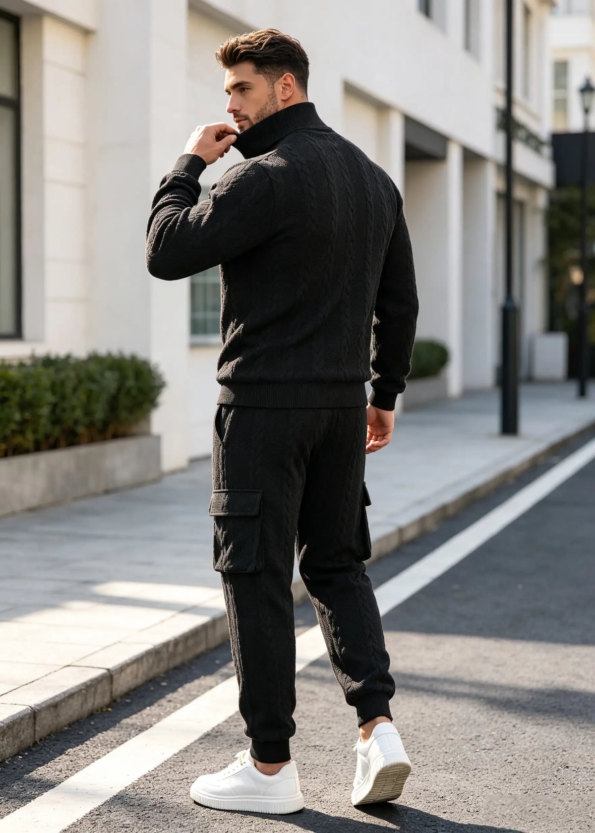 Men's Autumn/Winter Heavyweight Cable-Knit Turtleneck Tracksuit Set