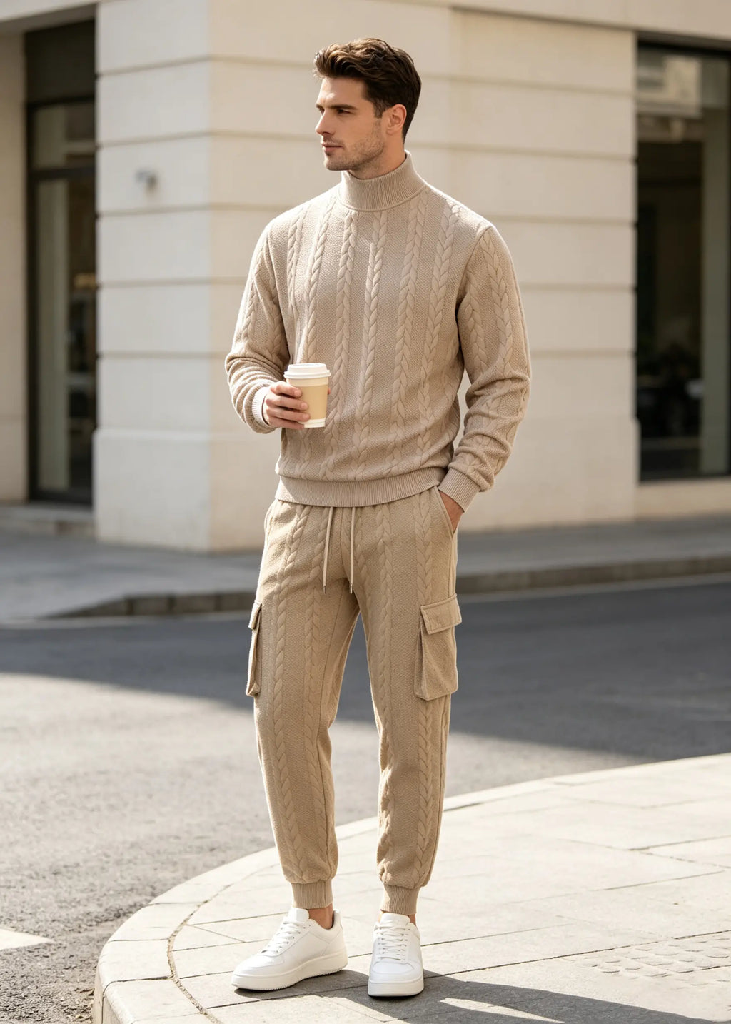 Men's Autumn/Winter Heavyweight Cable-Knit Turtleneck Tracksuit Set