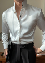 Premium Faux-Leather Texture Stand Collar Shirt - Slim Fit Metallic Gloss Long Sleeve Party & Clubwear Top