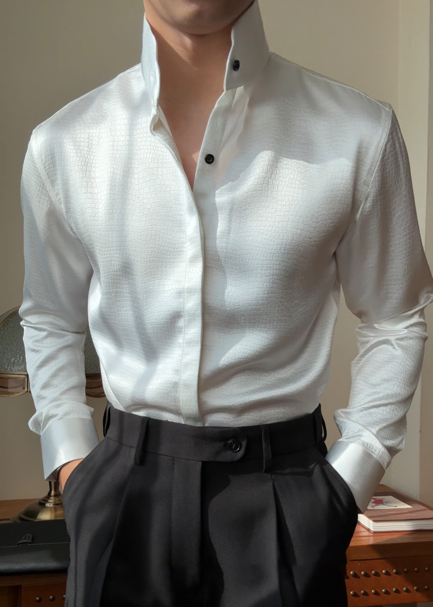 Premium Faux-Leather Texture Stand Collar Shirt - Slim Fit Metallic Gloss Long Sleeve Party & Clubwear Top