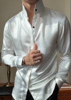 Premium Faux-Leather Texture Stand Collar Shirt - Slim Fit Metallic Gloss Long Sleeve Party & Clubwear Top