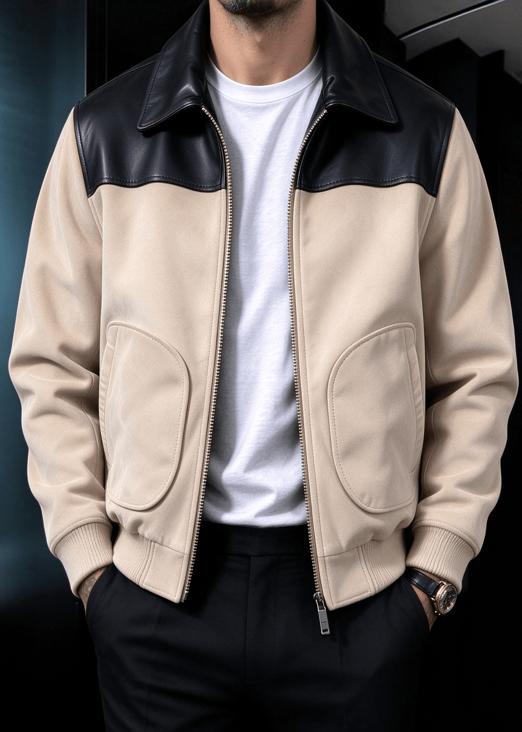 Men's Faux Suede & PU Leather Contrast Color-Block Lapel Jacket