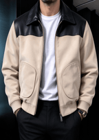 Men's Faux Suede & PU Leather Contrast Color-Block Lapel Jacket