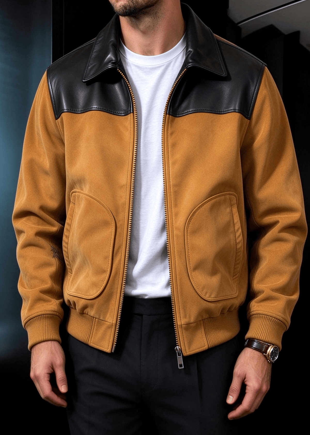 Men's Faux Suede & PU Leather Contrast Color-Block Lapel Jacket