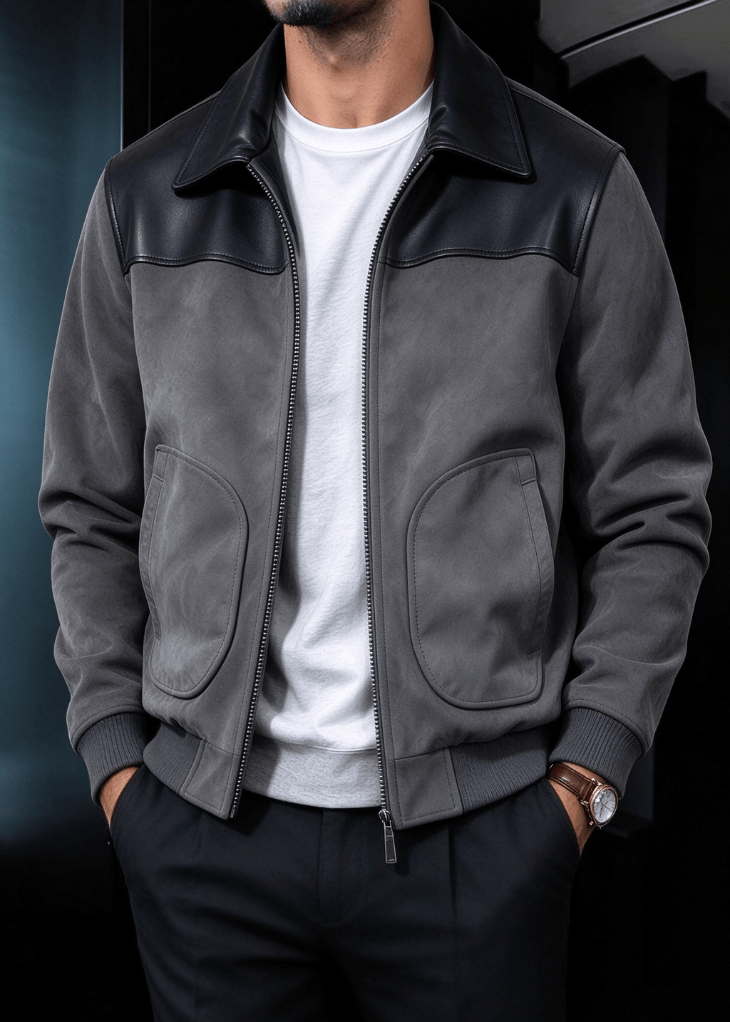 Men's Faux Suede & PU Leather Contrast Color-Block Lapel Jacket